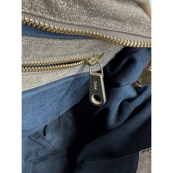 Vintage Chloé Shimmer Suede Satchel Handbag w/Dual Handles Zip Closure Logo Y2K - Picture 13 of 16